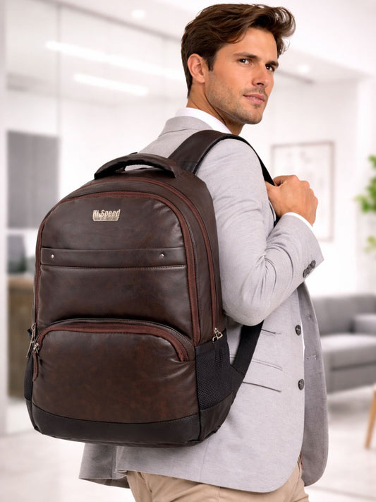 Unisex Brown Faux Leather Solid Backpack