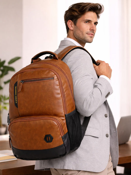 Unisex Brown Faux Leather Solid Backpack