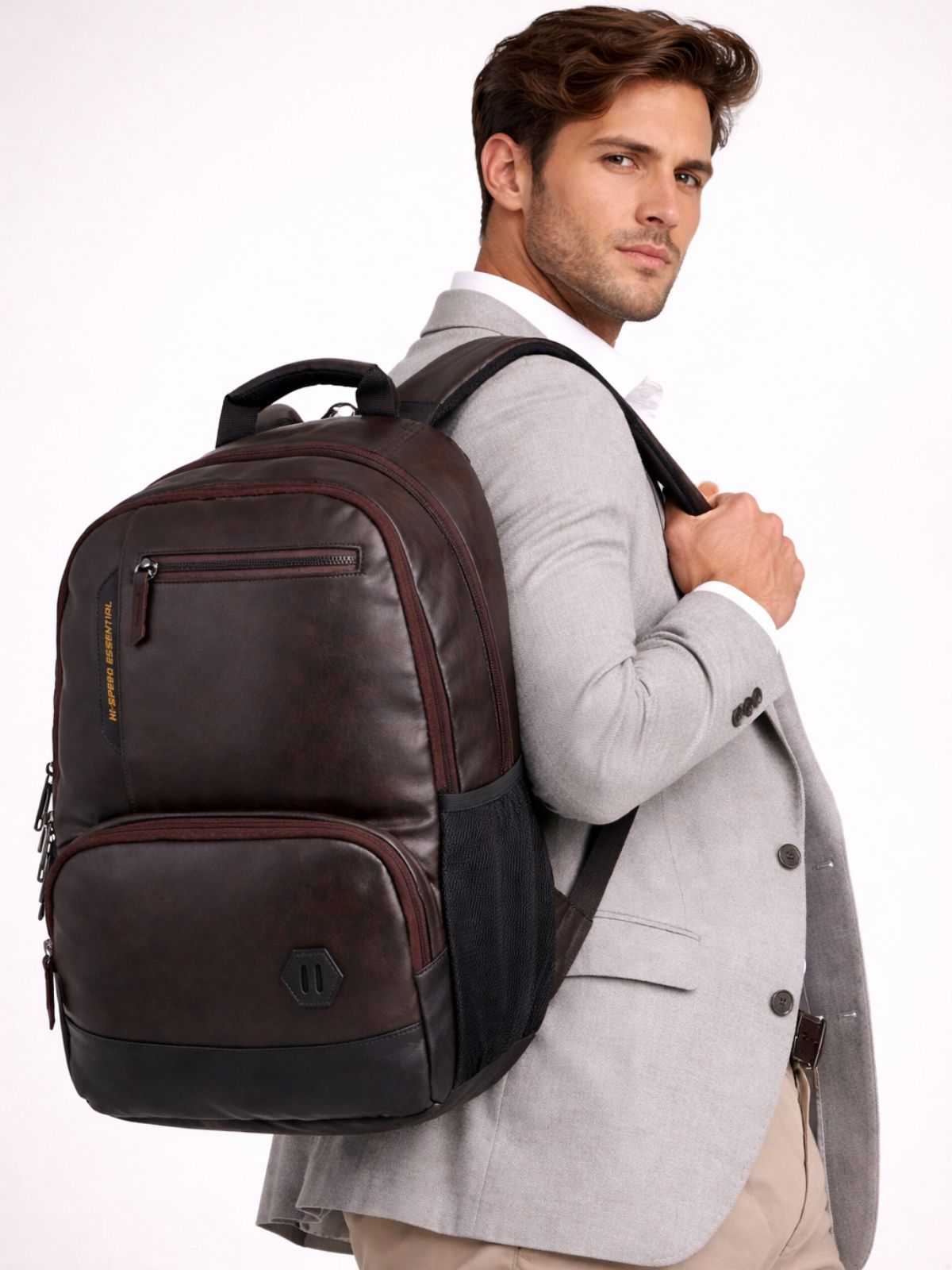 Unisex Brown Faux Leather Solid Backpack