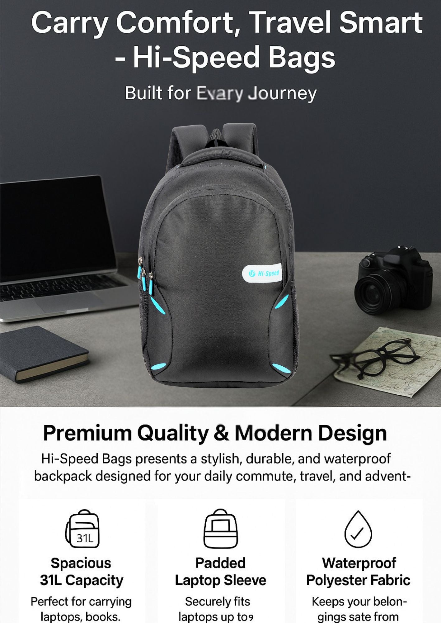 Medium 31 L Backpack Casual bags for men and women padded shoulder strap and durable handle  (Black)